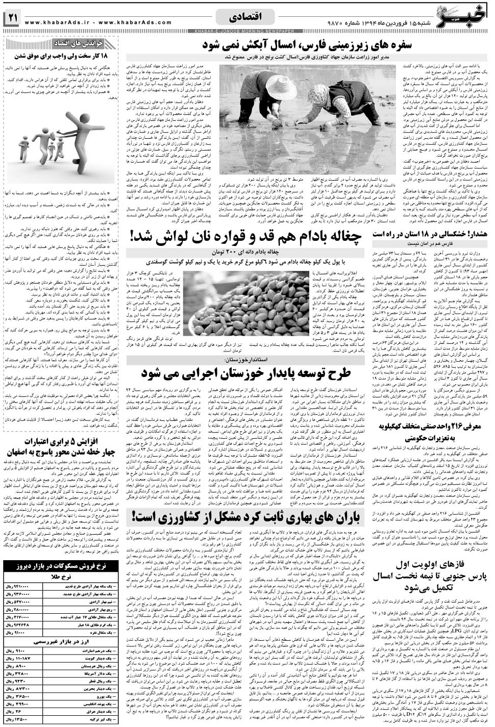 مشاهده صفحه ۲۱ روزنامه خبرجنوب تاریخ ۱۵  سال ۱۳۹۴