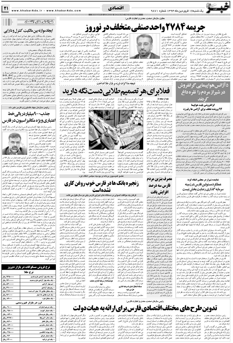 مشاهده صفحه ۲۱ روزنامه خبرجنوب تاریخ ۱۶  سال ۱۳۹۴
