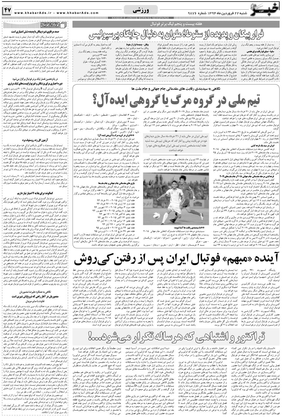 مشاهده صفحه ۴۷ روزنامه خبرجنوب تاریخ ۲۲  سال ۱۳۹۴