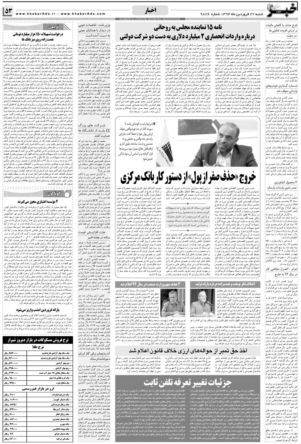 مشاهده صفحه ۵۳ روزنامه خبرجنوب تاریخ ۲۲  سال ۱۳۹۴