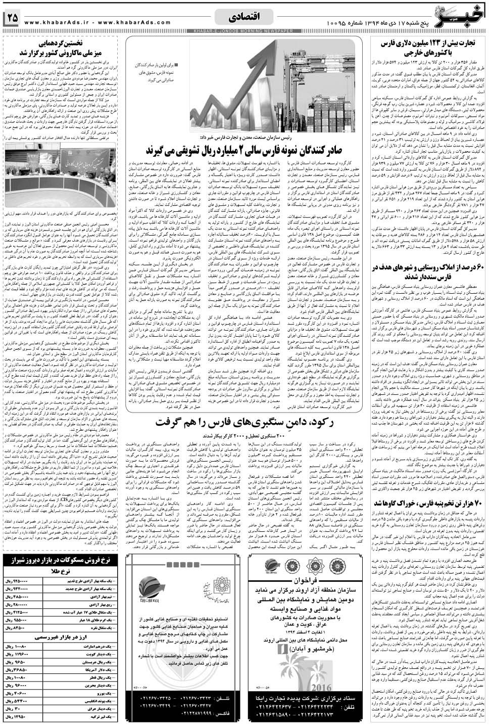 مشاهده صفحه ۲۵ روزنامه خبرجنوب تاریخ ۱۷ دی سال ۱۳۹۴