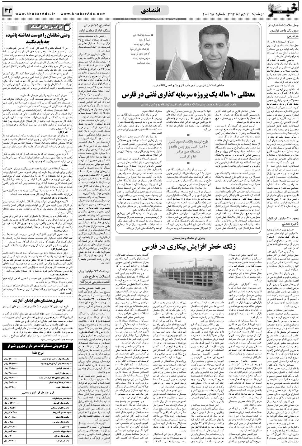 مشاهده صفحه ۳۳ روزنامه خبرجنوب تاریخ ۲۱ دی سال ۱۳۹۴