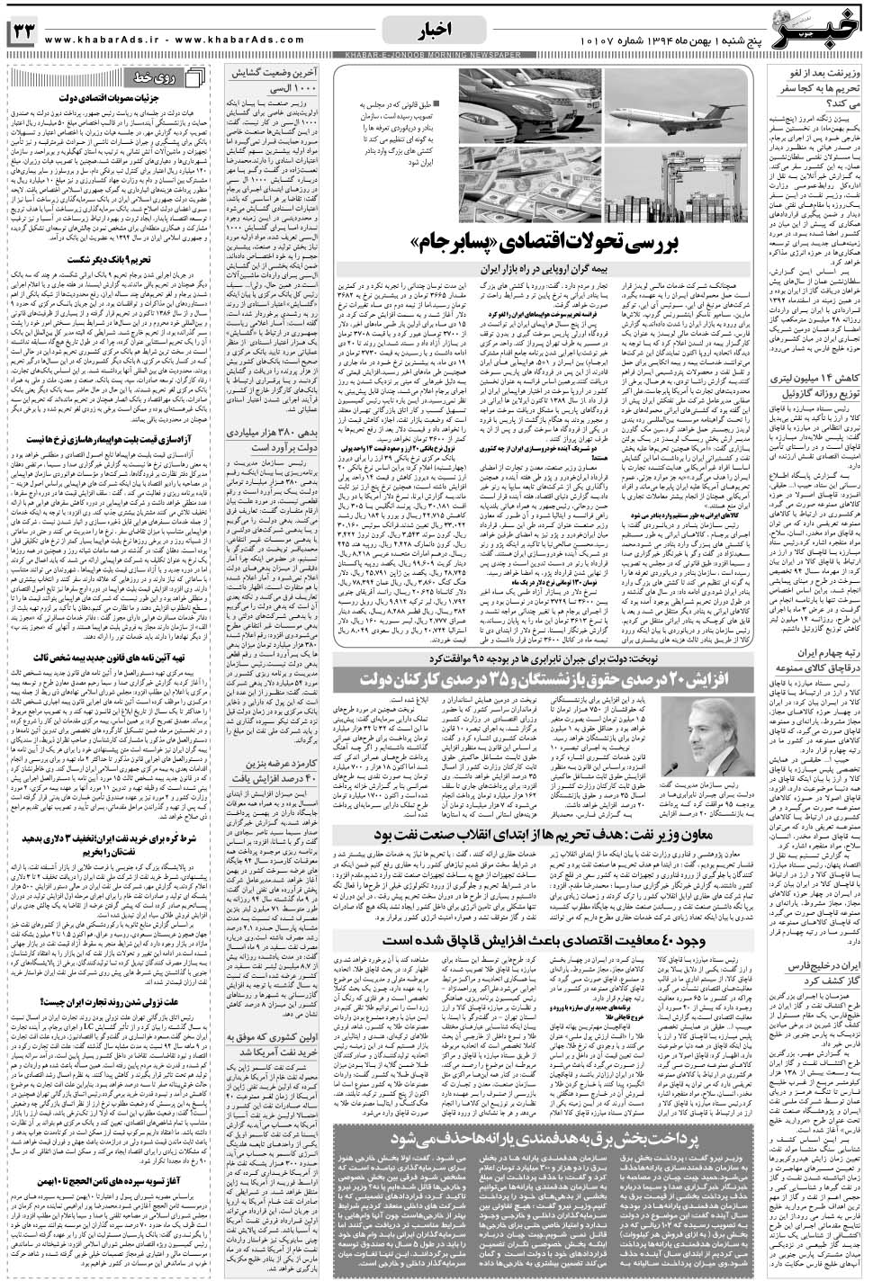 مشاهده صفحه ۳۳ روزنامه خبرجنوب تاریخ ۱ بهمن سال ۱۳۹۴