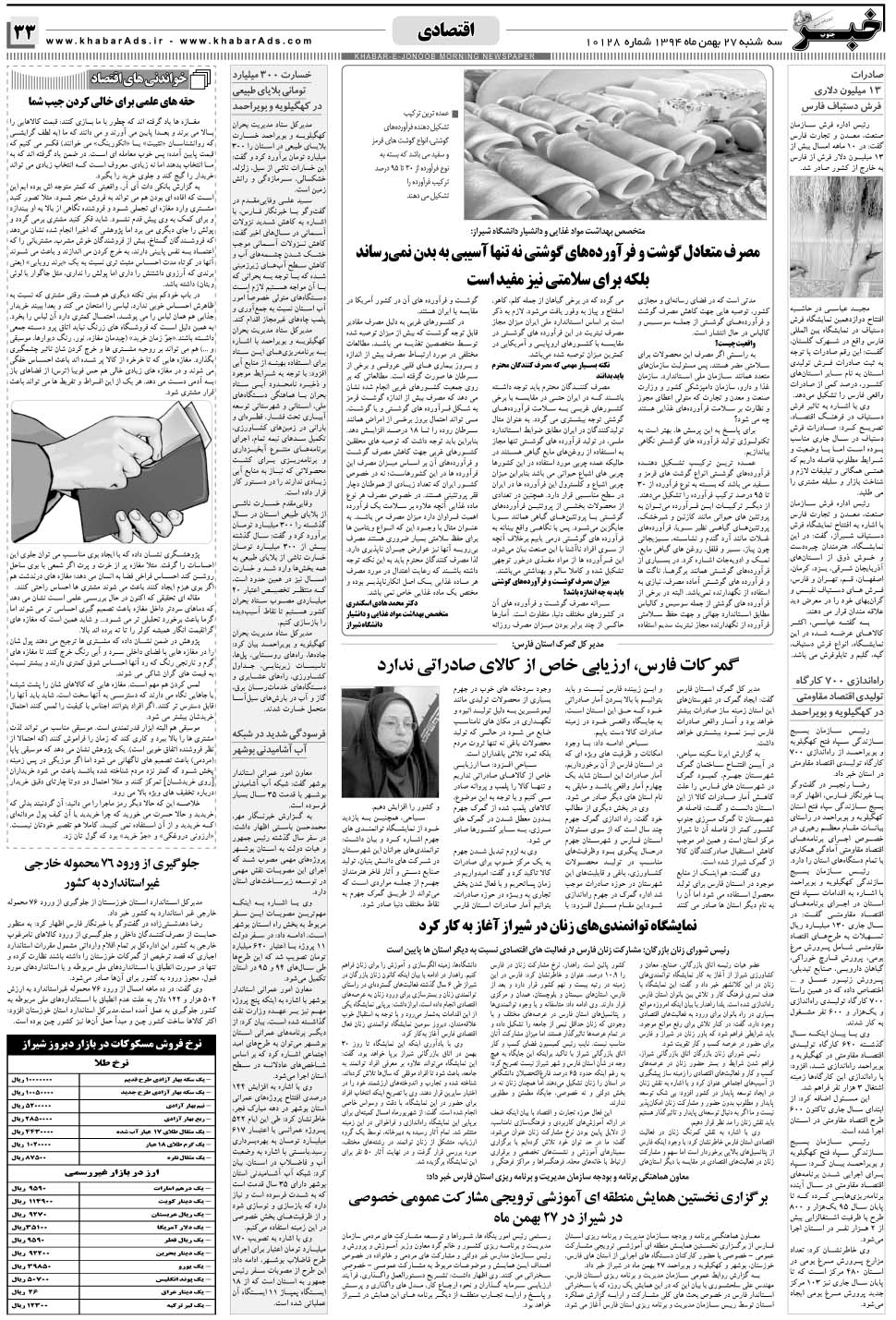 مشاهده صفحه ۳۳ روزنامه خبرجنوب تاریخ ۲۷ بهمن سال ۱۳۹۴