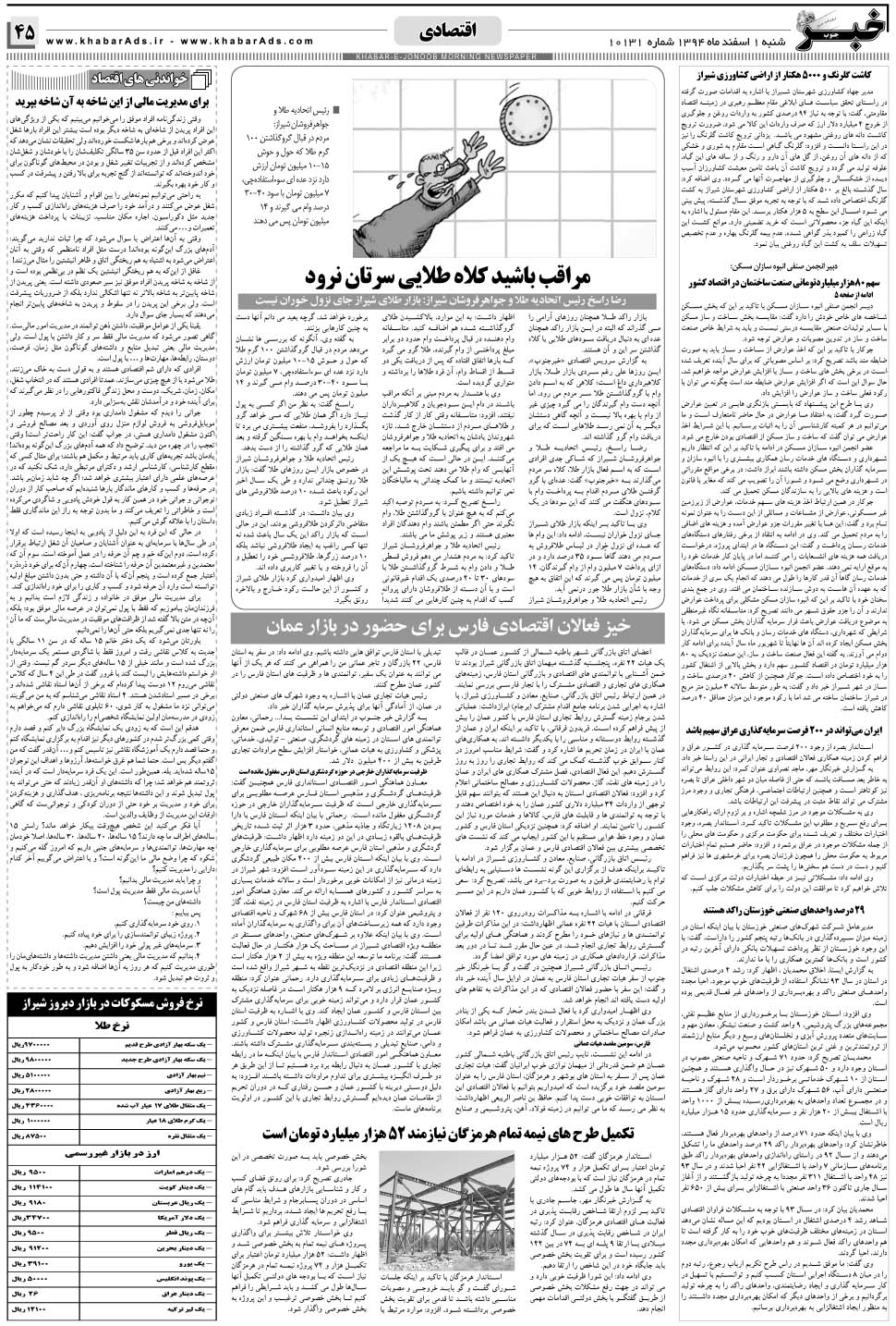 مشاهده صفحه ۴۵ روزنامه خبرجنوب تاریخ ۱ اسفند سال ۱۳۹۴