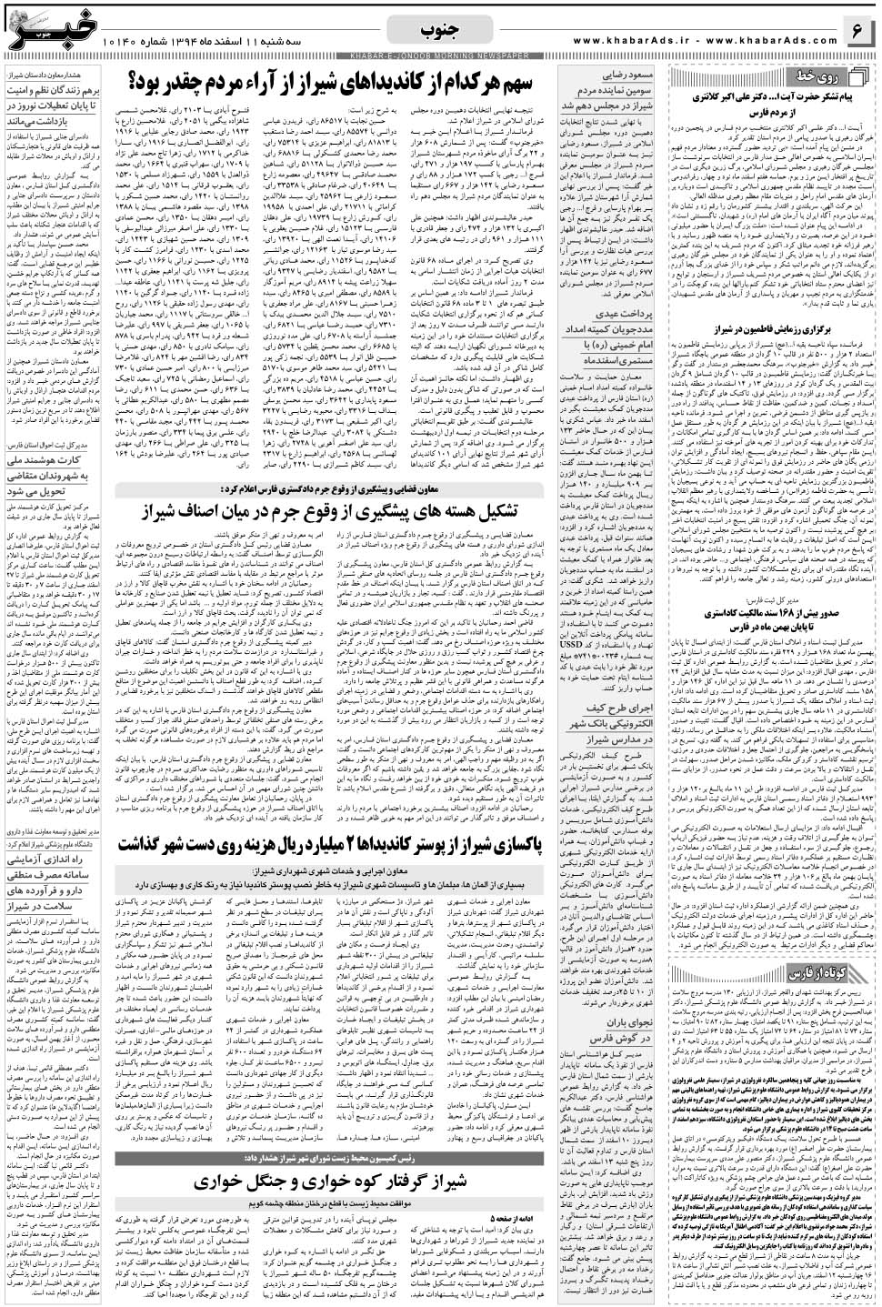 مشاهده صفحه ۶ روزنامه خبرجنوب تاریخ ۱۱ اسفند سال ۱۳۹۴