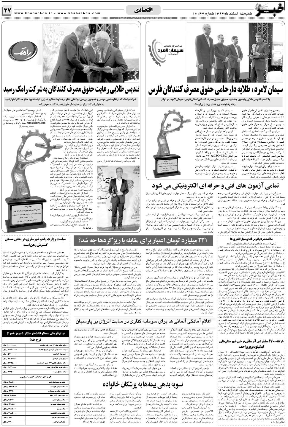 مشاهده صفحه ۳۷ روزنامه خبرجنوب تاریخ ۱۵ اسفند سال ۱۳۹۴