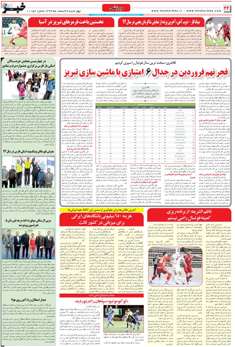مشاهده صفحه ۲۴ روزنامه خبرجنوب تاریخ ۲۶ اسفند سال ۱۳۹۴