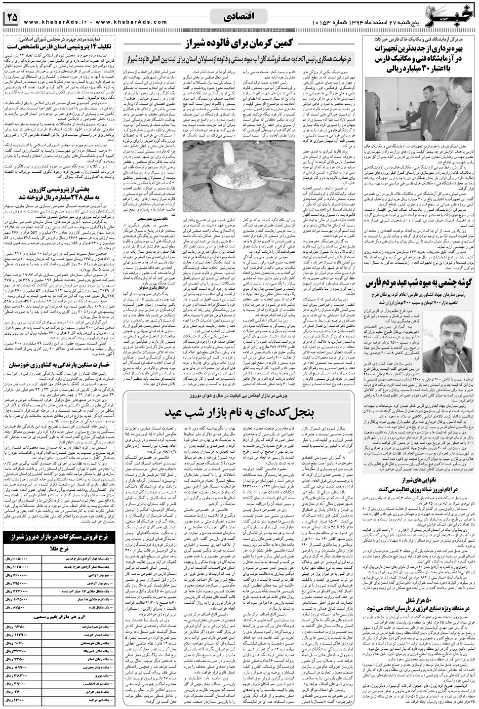 مشاهده صفحه ۲۵ روزنامه خبرجنوب تاریخ ۲۷ اسفند سال ۱۳۹۴
