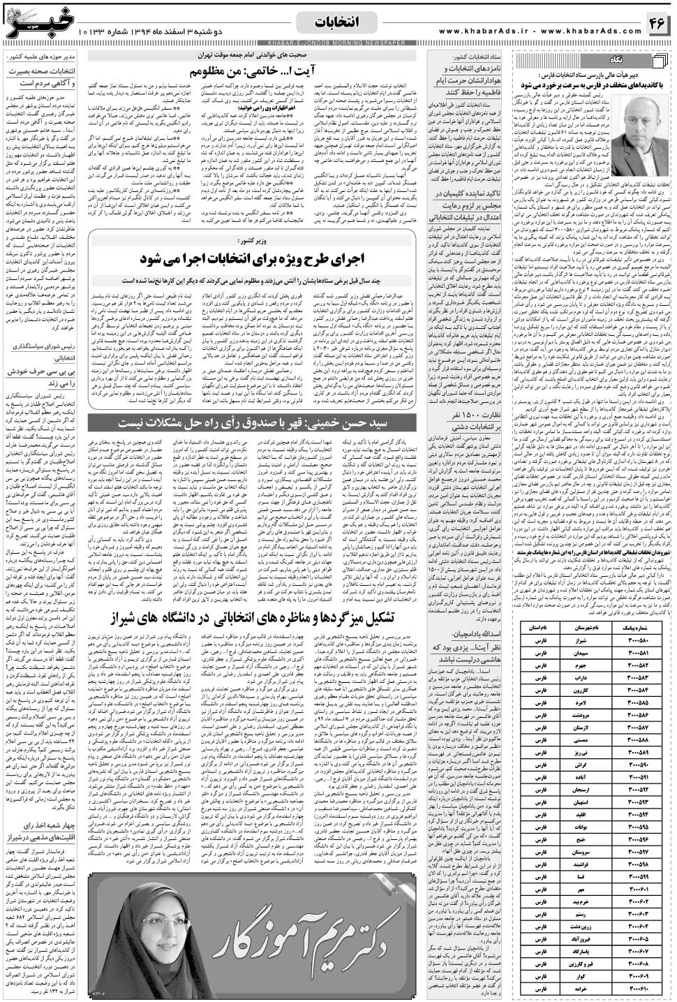 مشاهده صفحه ۴۶ روزنامه خبرجنوب تاریخ ۳ اسفند سال ۱۳۹۴
