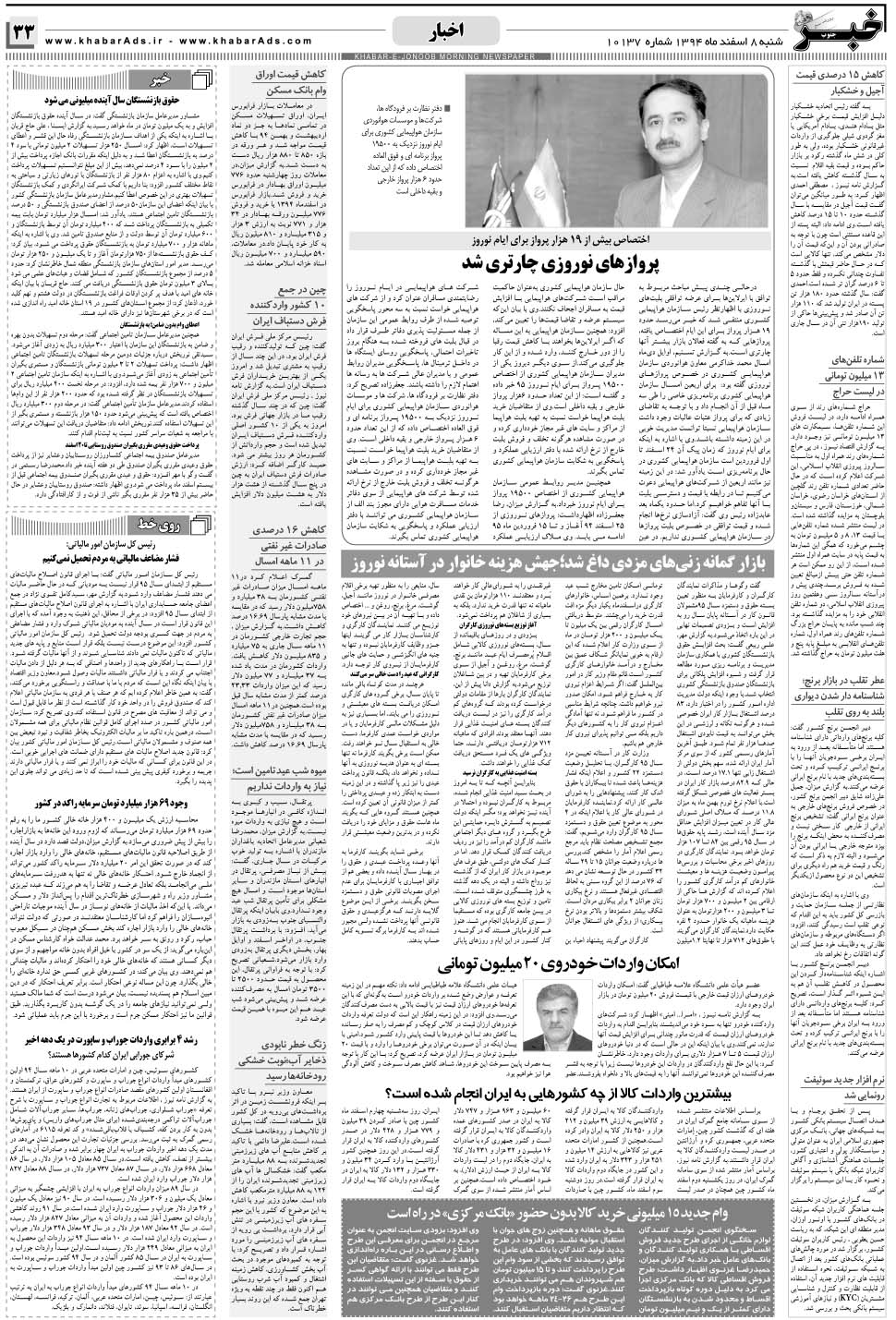 مشاهده صفحه ۳۳ روزنامه خبرجنوب تاریخ ۸ اسفند سال ۱۳۹۴