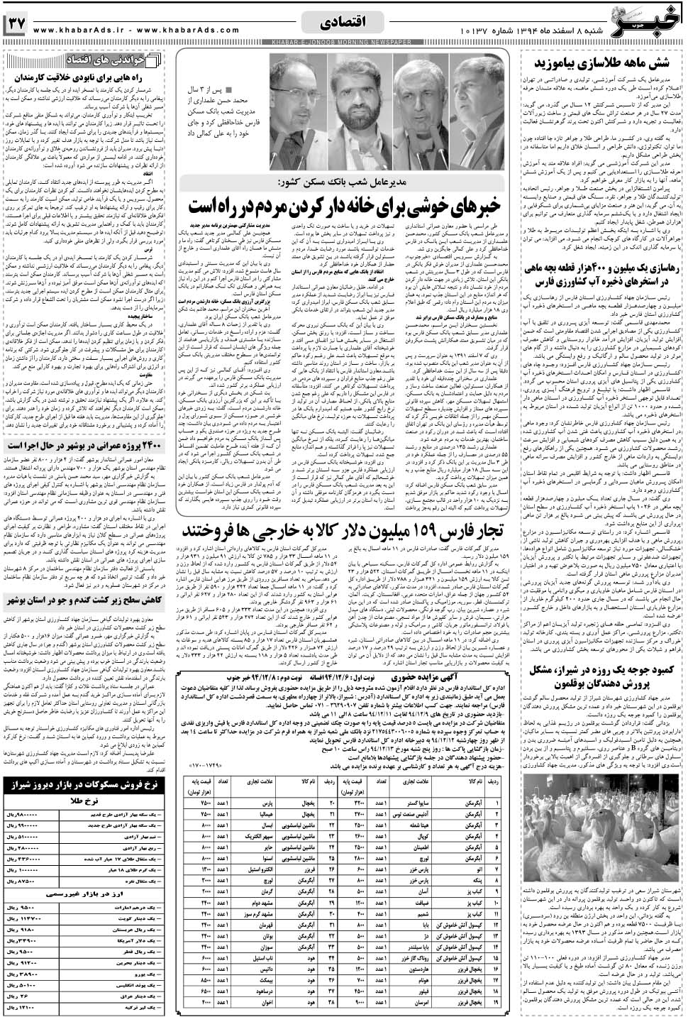 مشاهده صفحه ۳۷ روزنامه خبرجنوب تاریخ ۸ اسفند سال ۱۳۹۴
