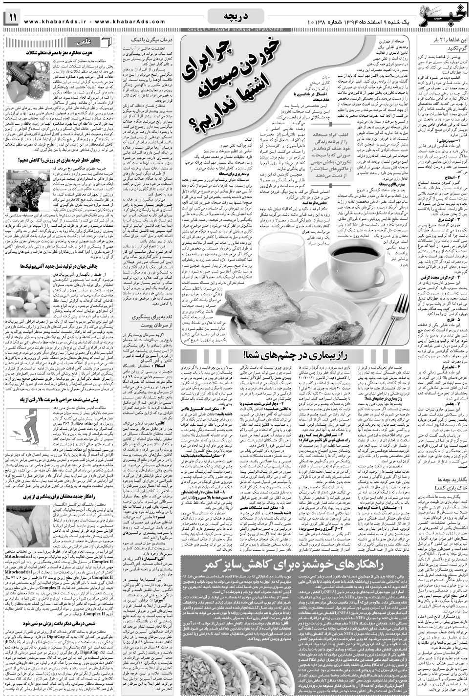 مشاهده صفحه ۱۱ روزنامه خبرجنوب تاریخ ۹ اسفند سال ۱۳۹۴