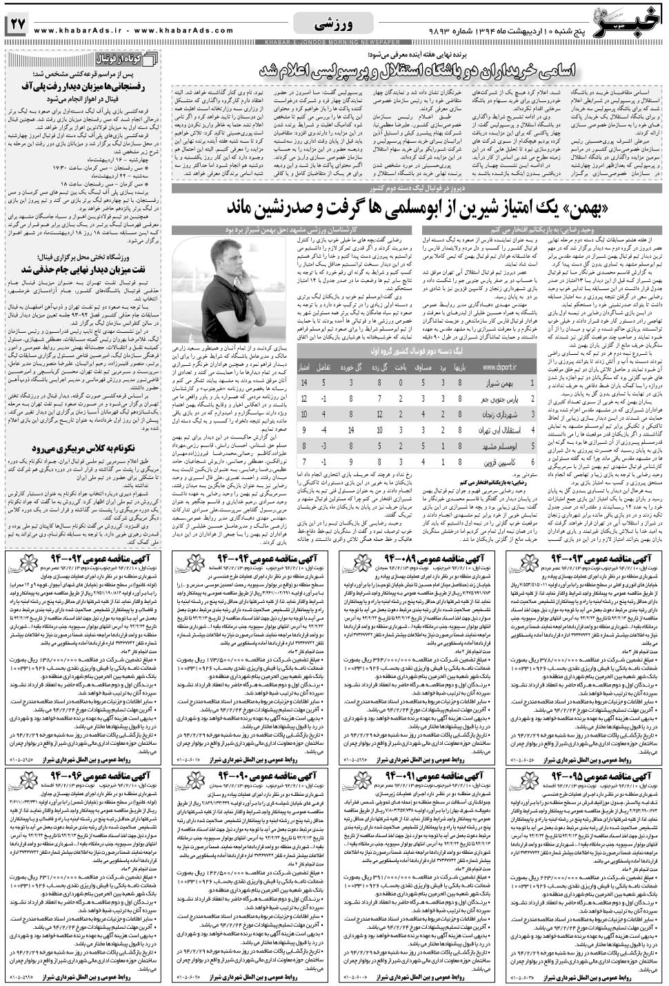 مشاهده صفحه ۲۷ روزنامه خبرجنوب تاریخ ۱۰  سال ۱۳۹۴