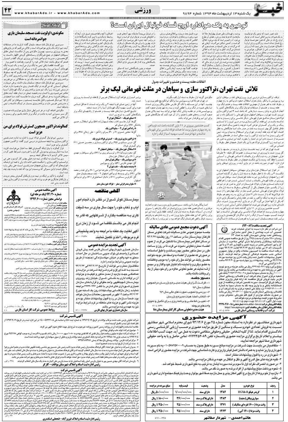 مشاهده صفحه ۴۳ روزنامه خبرجنوب تاریخ ۱۳  سال ۱۳۹۴