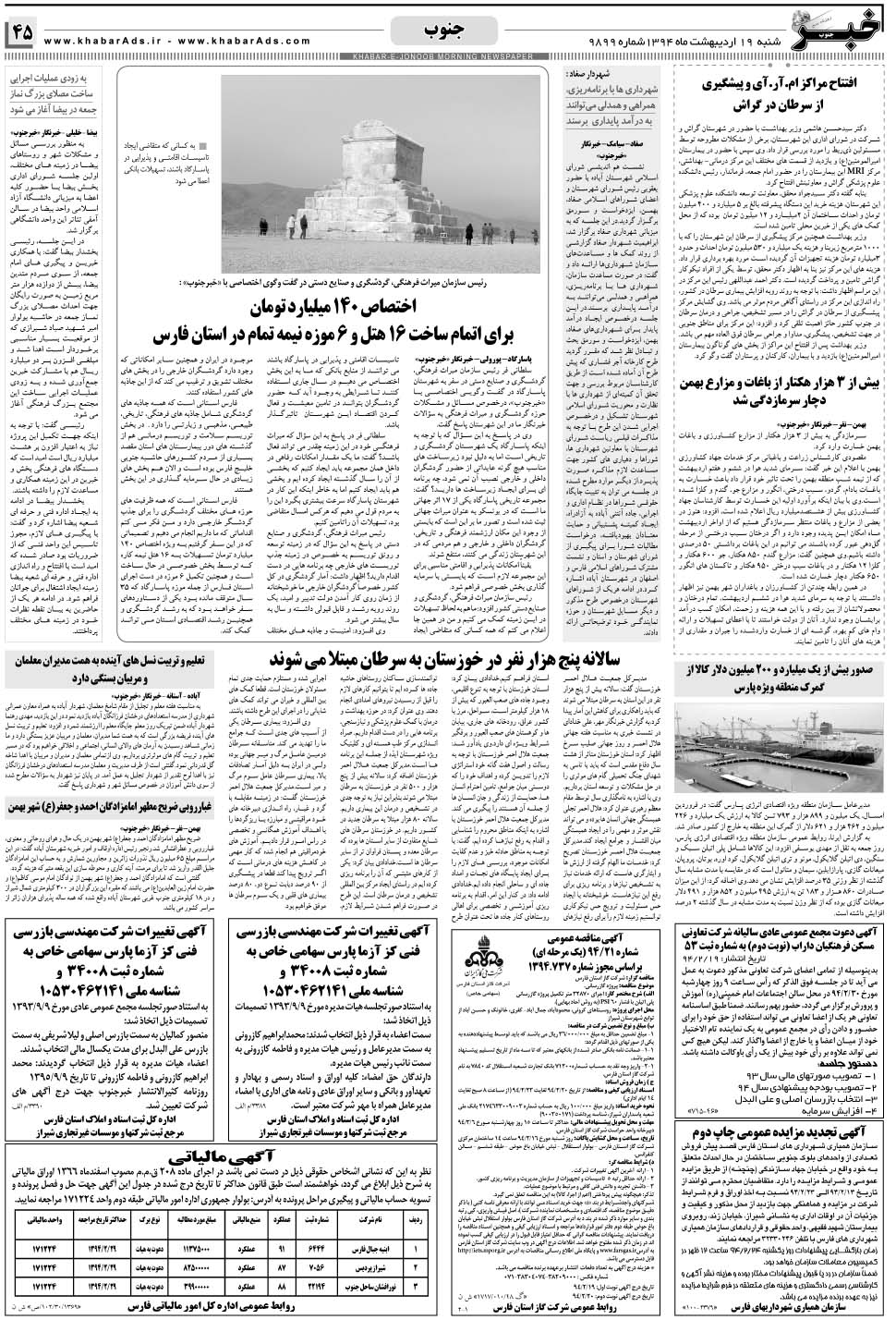 مشاهده صفحه ۴۵ روزنامه خبرجنوب تاریخ ۱۹  سال ۱۳۹۴