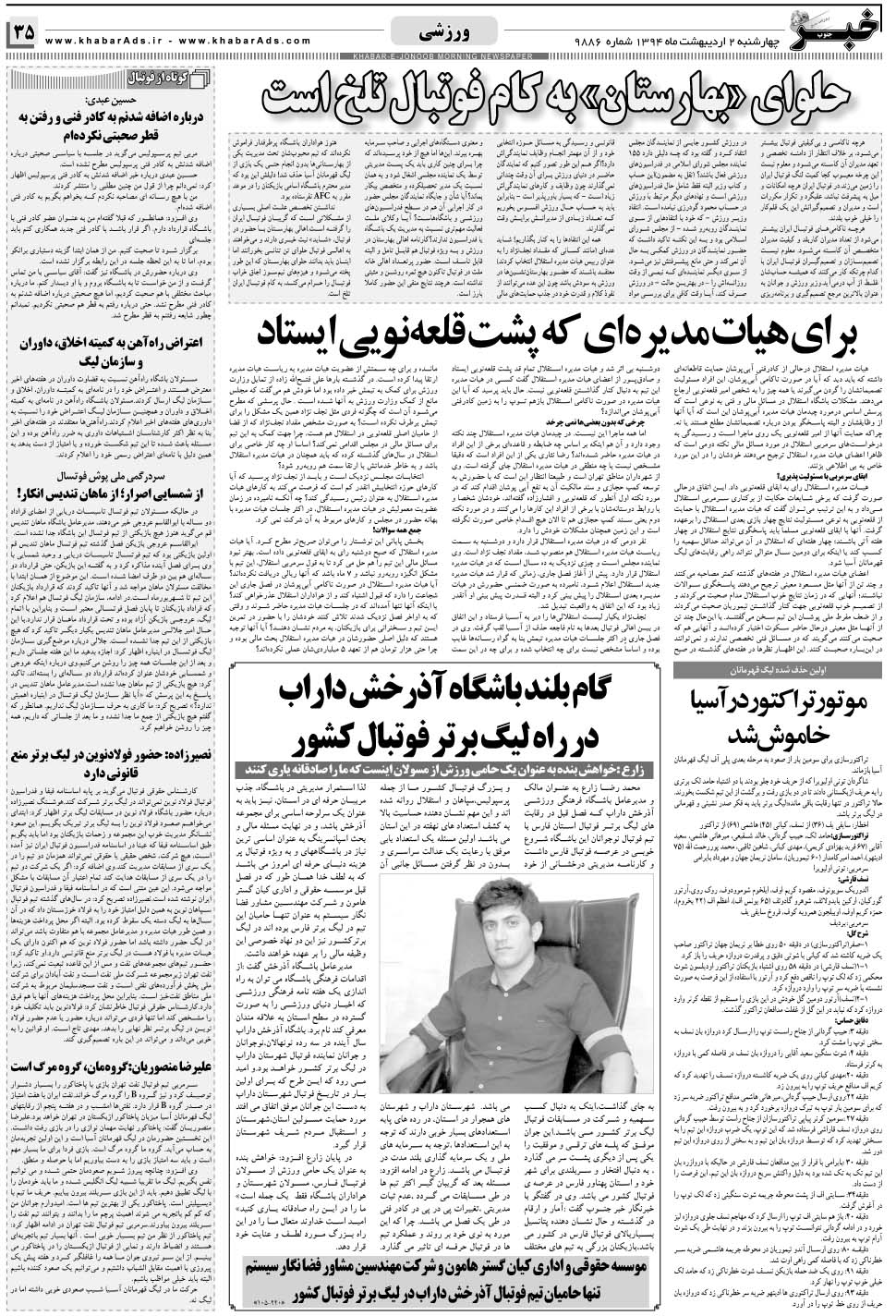 مشاهده صفحه ۳۵ روزنامه خبرجنوب تاریخ ۲  سال ۱۳۹۴