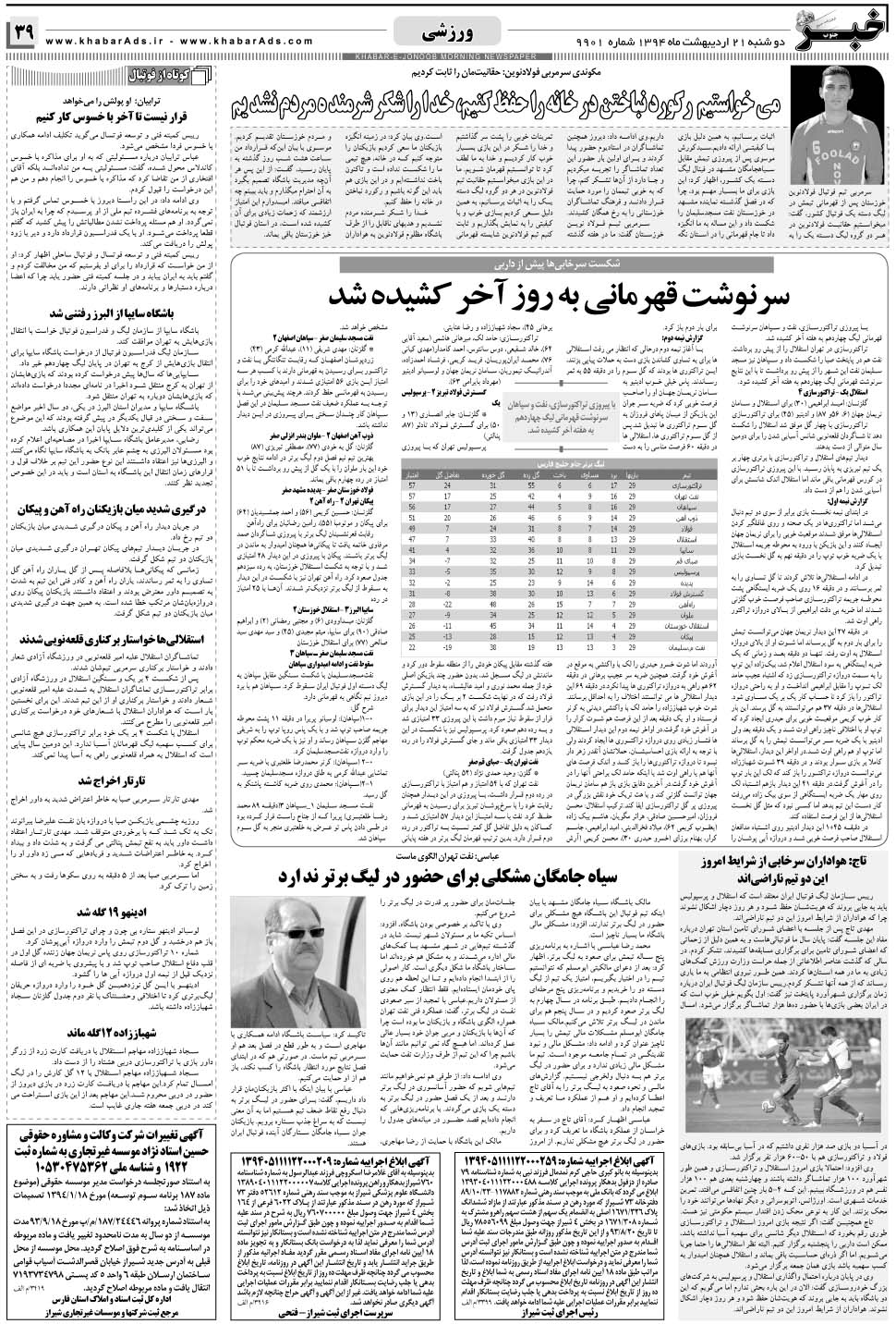مشاهده صفحه ۳۹ روزنامه خبرجنوب تاریخ ۲۱  سال ۱۳۹۴