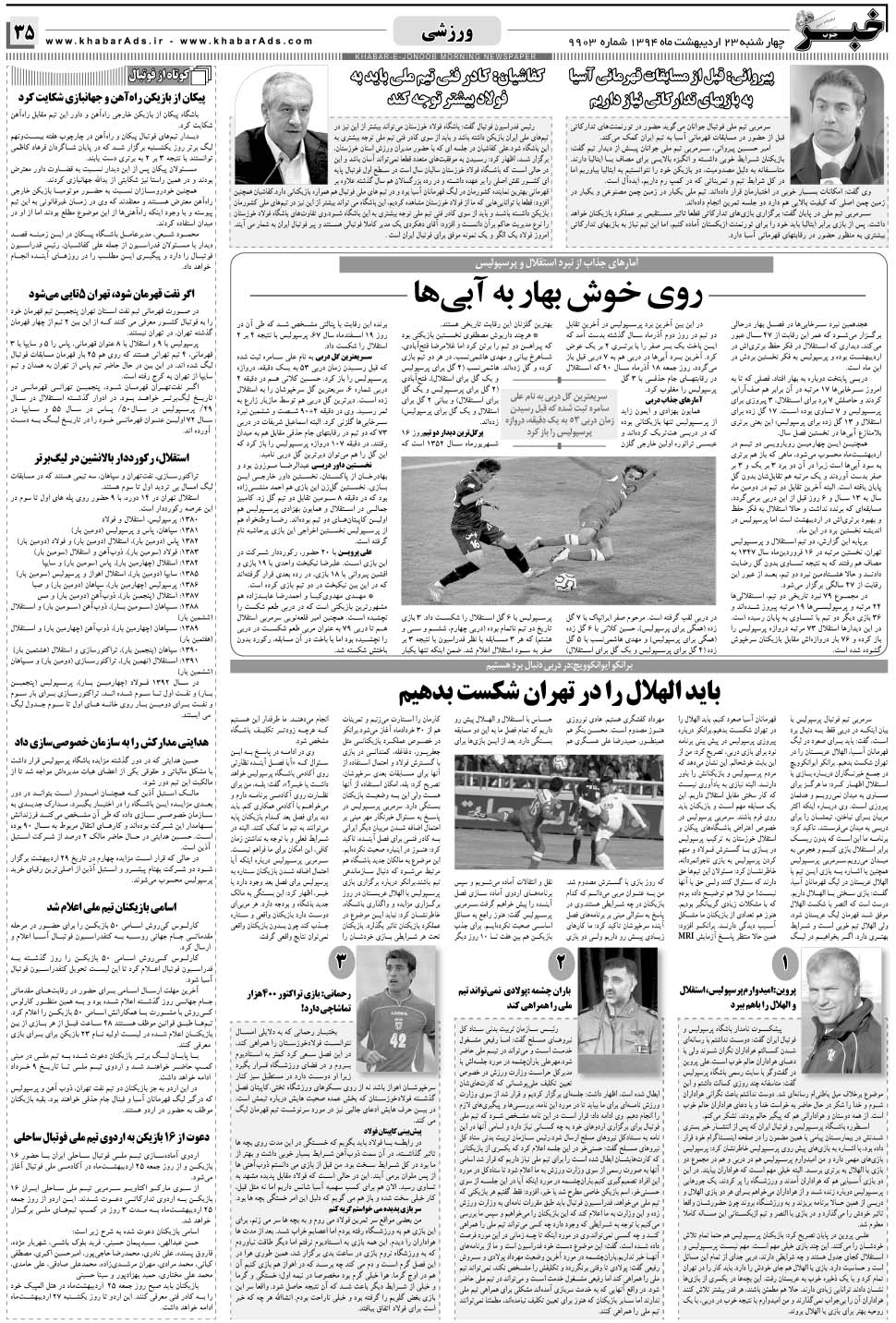 مشاهده صفحه ۳۵ روزنامه خبرجنوب تاریخ ۲۳  سال ۱۳۹۴