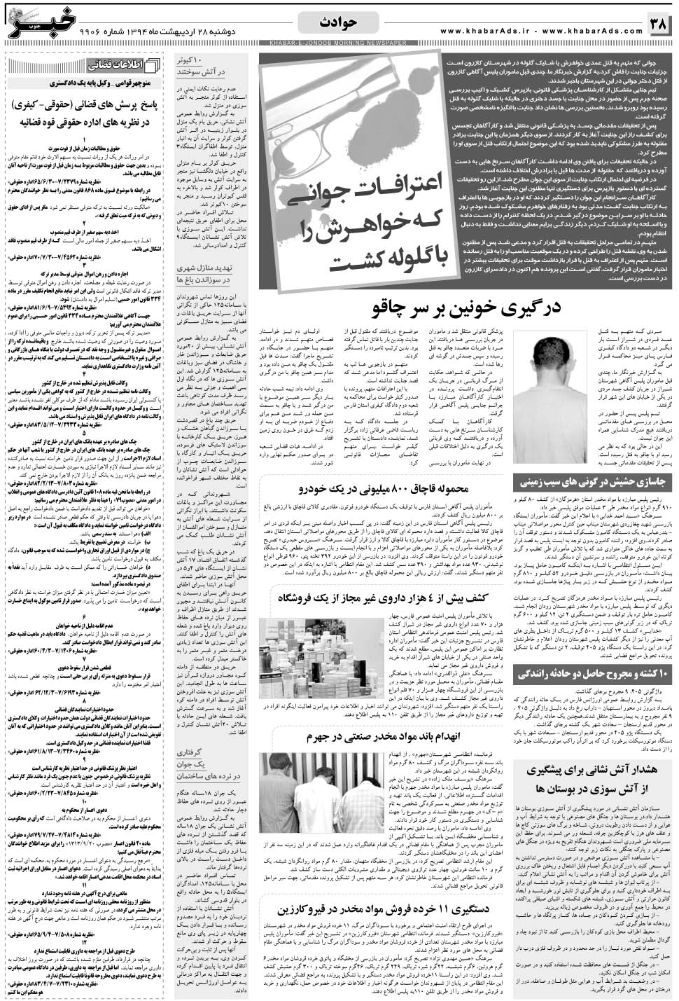 مشاهده صفحه ۳۸ روزنامه خبرجنوب تاریخ ۲۸  سال ۱۳۹۴