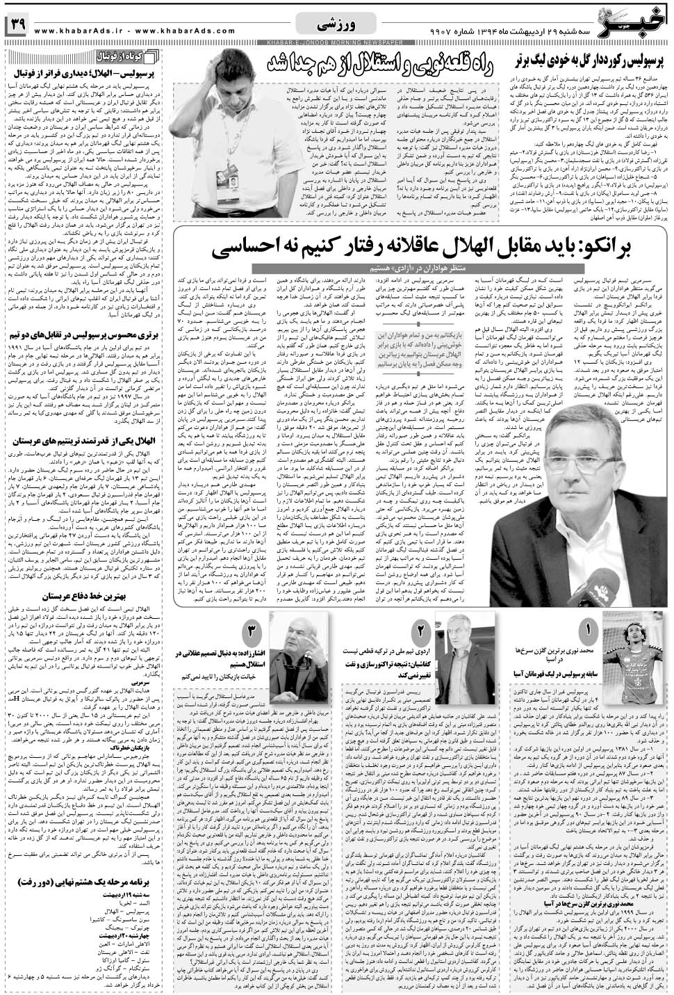 مشاهده صفحه ۳۹ روزنامه خبرجنوب تاریخ ۲۹  سال ۱۳۹۴