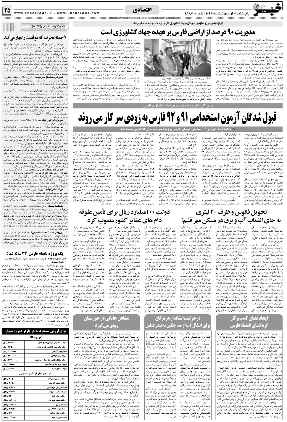 مشاهده صفحه ۲۵ روزنامه خبرجنوب تاریخ ۳  سال ۱۳۹۴
