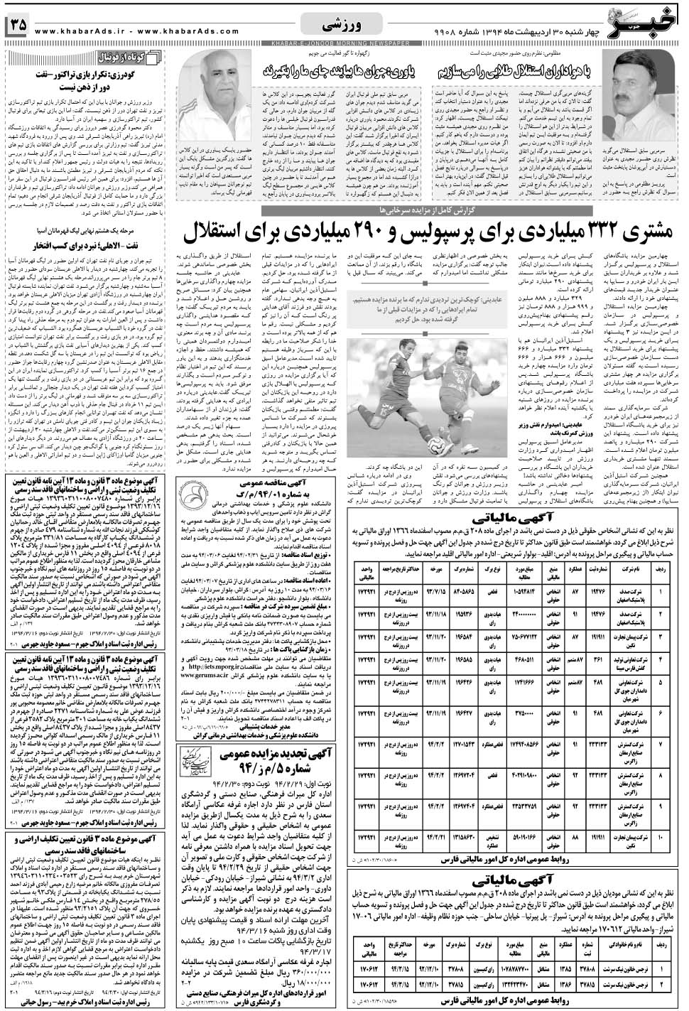 مشاهده صفحه ۳۵ روزنامه خبرجنوب تاریخ ۳۰  سال ۱۳۹۴