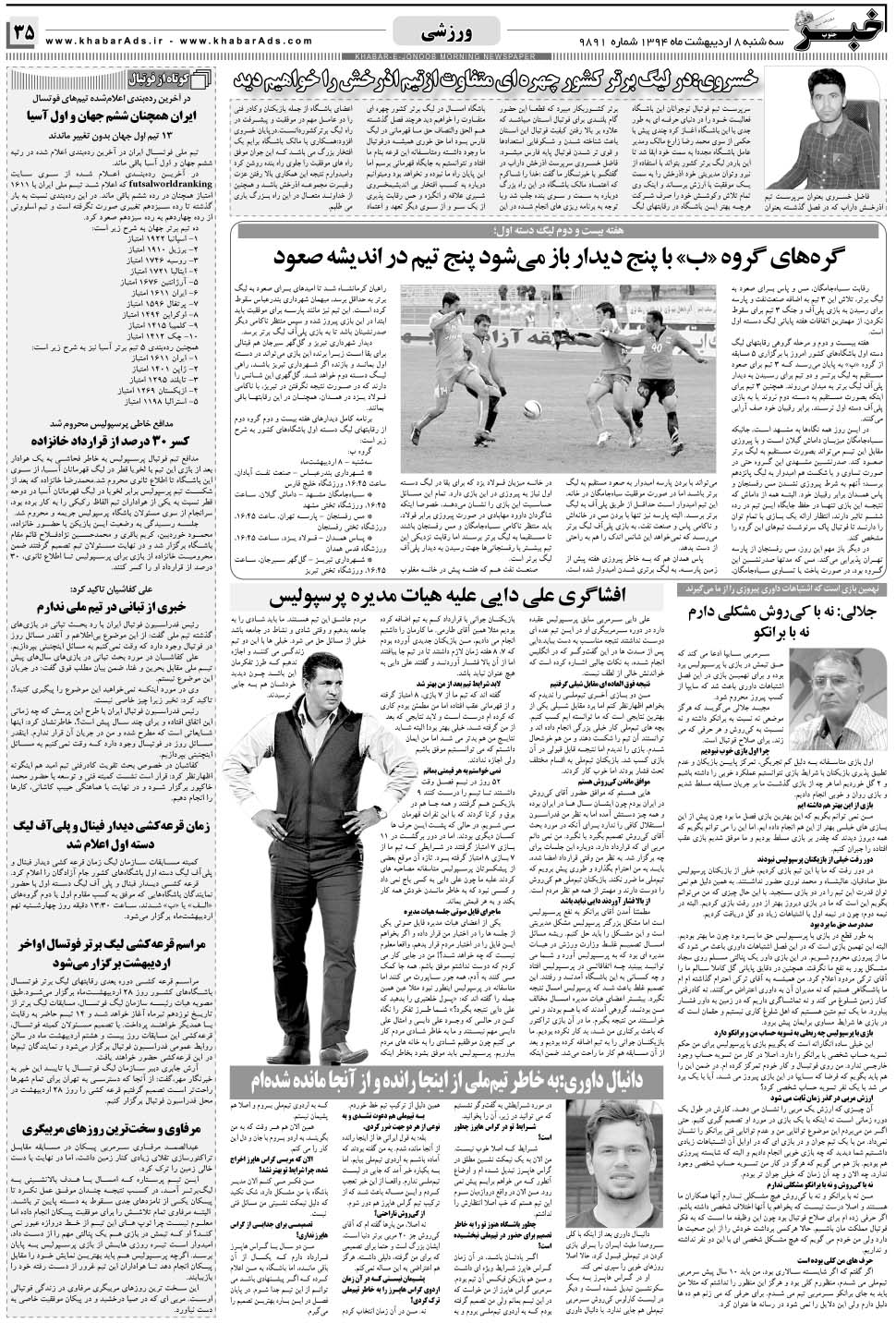 مشاهده صفحه ۳۵ روزنامه خبرجنوب تاریخ ۸  سال ۱۳۹۴
