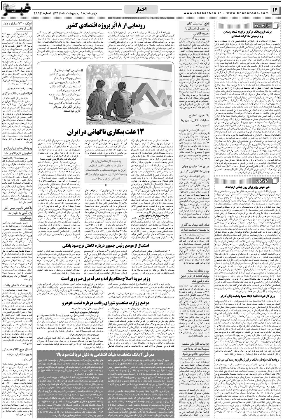 مشاهده صفحه ۱۲ روزنامه خبرجنوب تاریخ ۹  سال ۱۳۹۴