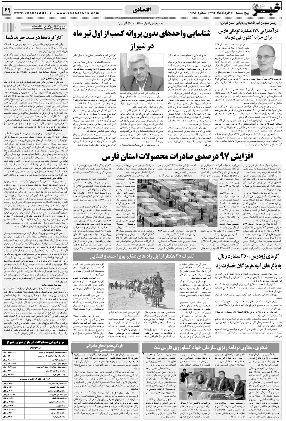 مشاهده صفحه ۲۹ روزنامه خبرجنوب تاریخ ۲۱  سال ۱۳۹۴
