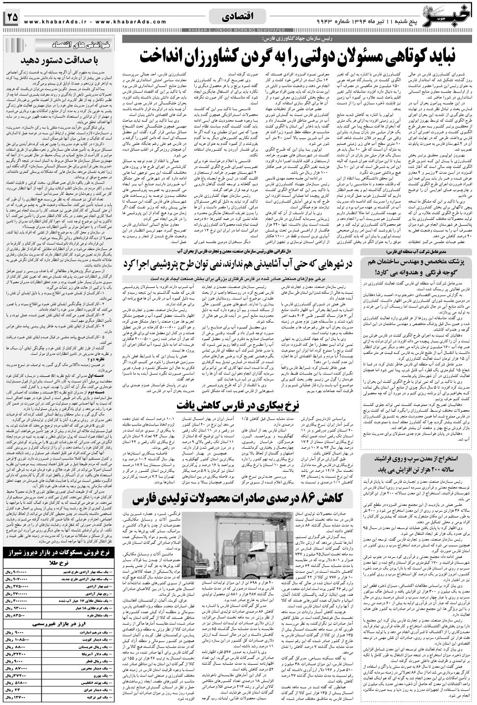 مشاهده صفحه ۲۵ روزنامه خبرجنوب تاریخ ۱۱  سال ۱۳۹۴