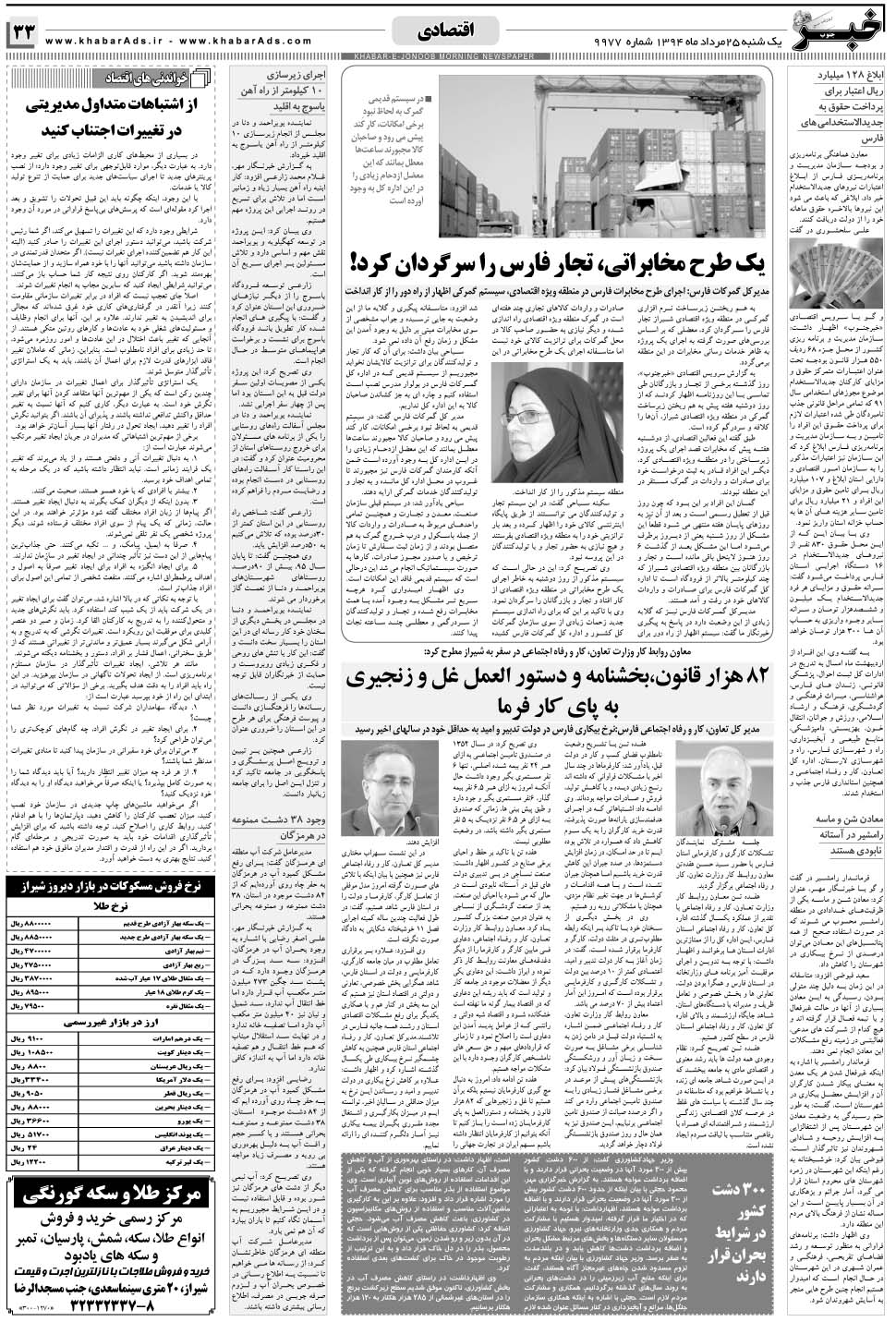 مشاهده صفحه ۳۳ روزنامه خبرجنوب تاریخ ۲۵  سال ۱۳۹۴