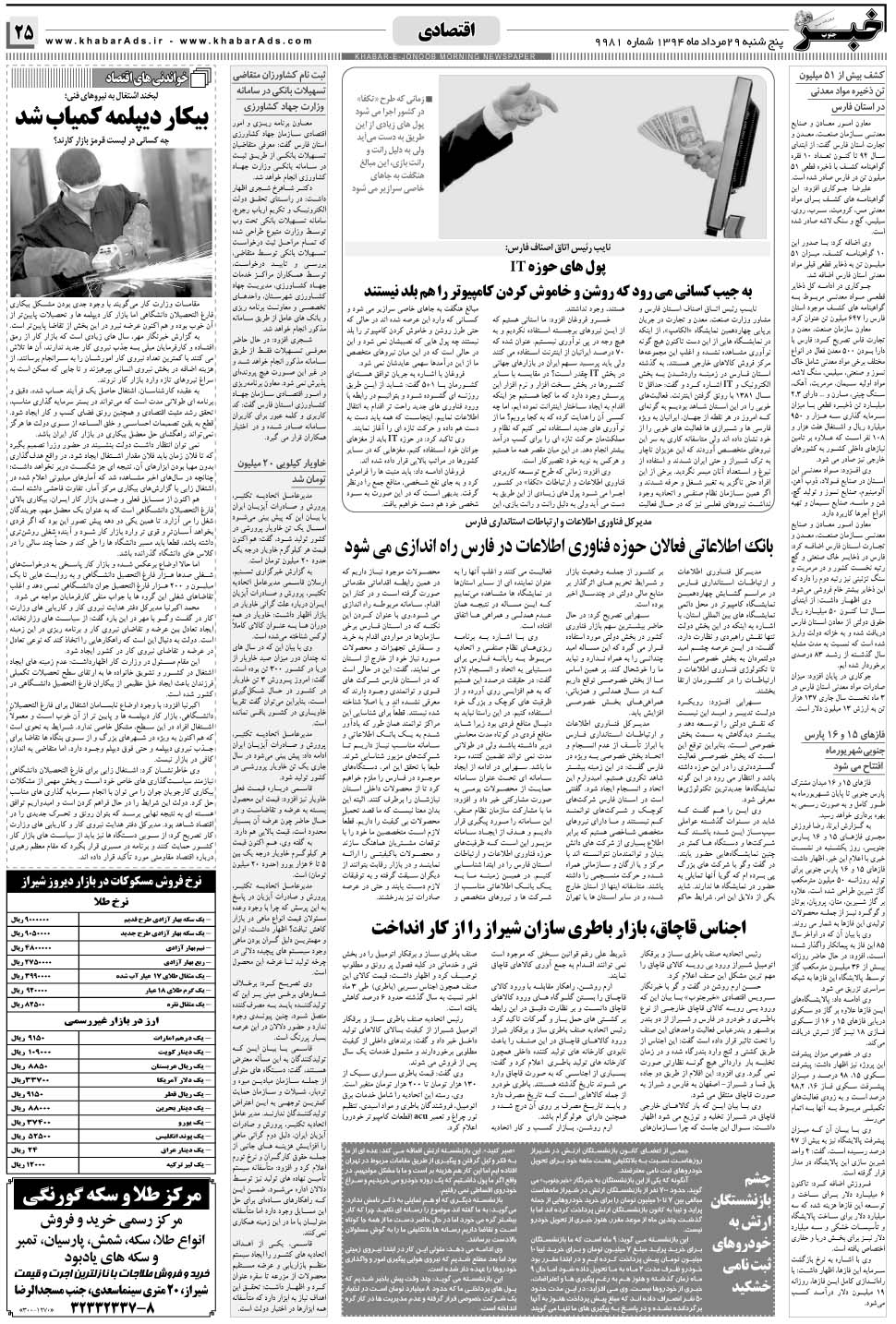 مشاهده صفحه ۲۵ روزنامه خبرجنوب تاریخ ۲۹  سال ۱۳۹۴