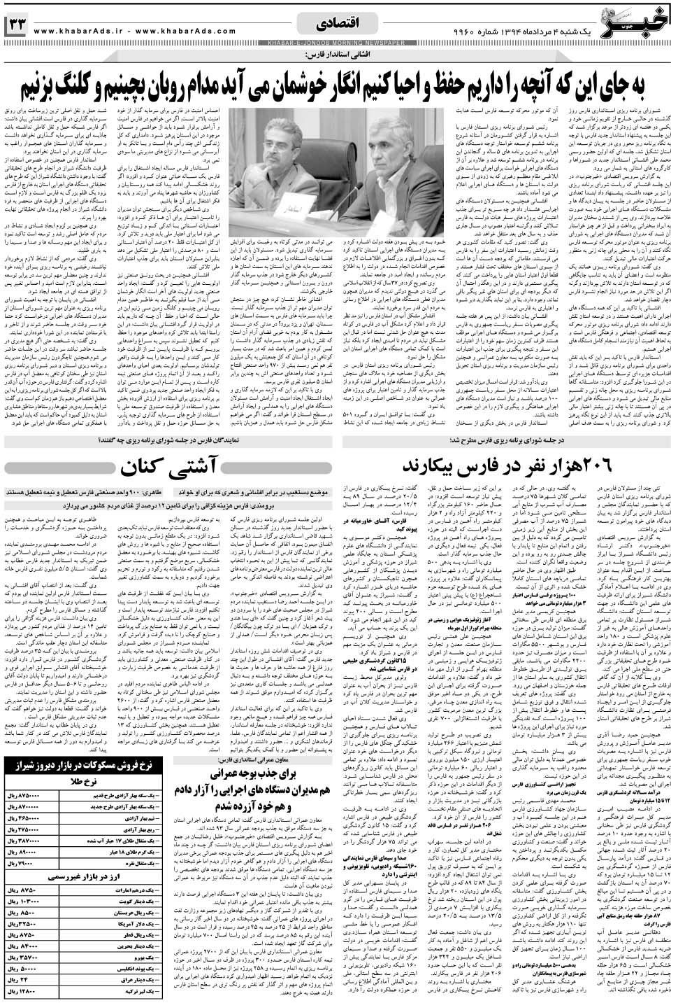 مشاهده صفحه ۳۳ روزنامه خبرجنوب تاریخ ۴  سال ۱۳۹۴