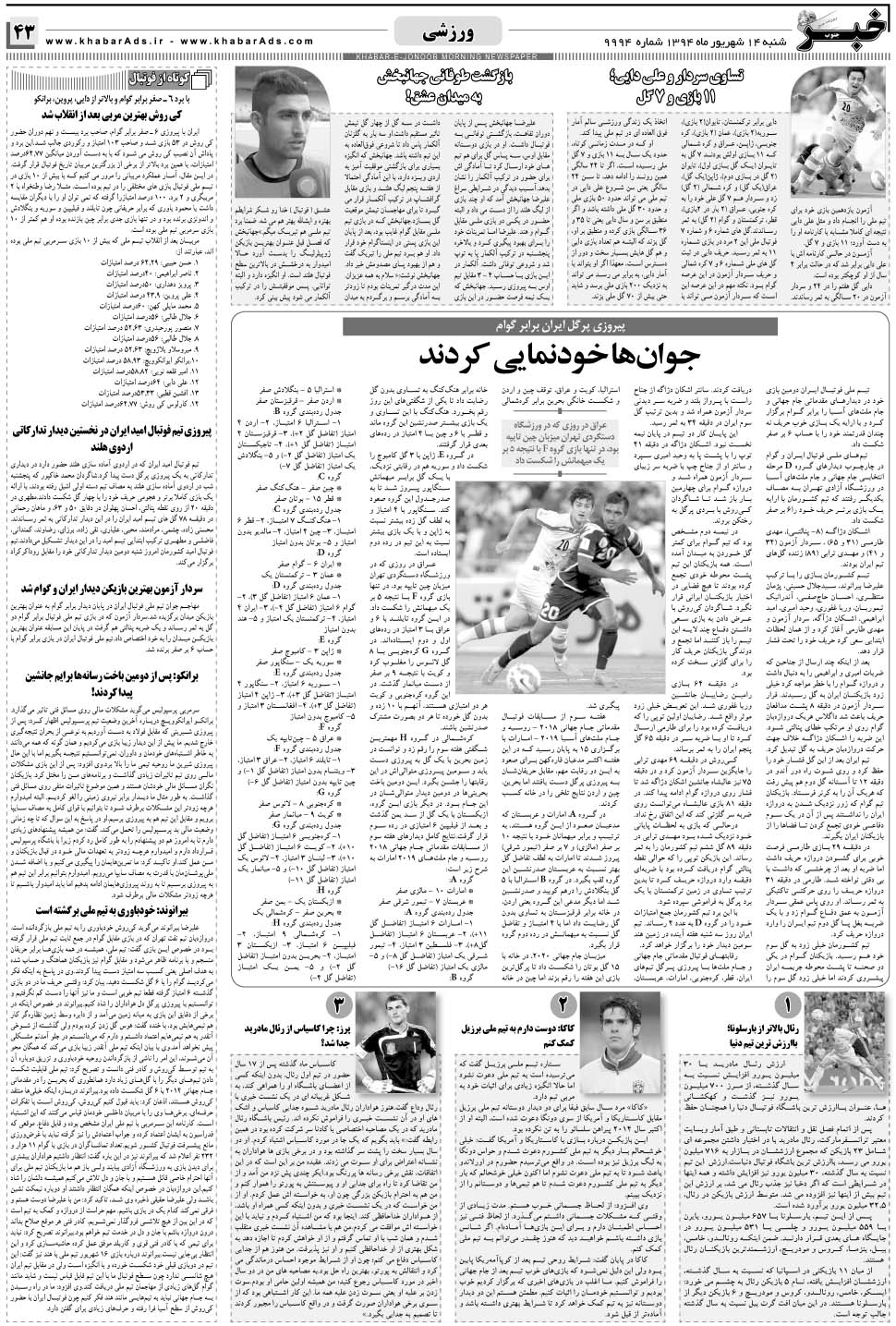 مشاهده صفحه ۴۳ روزنامه خبرجنوب تاریخ ۱۴  سال ۱۳۹۴