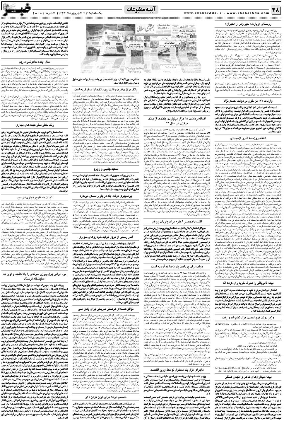 مشاهده صفحه ۳۸ روزنامه خبرجنوب تاریخ ۲۲  سال ۱۳۹۴