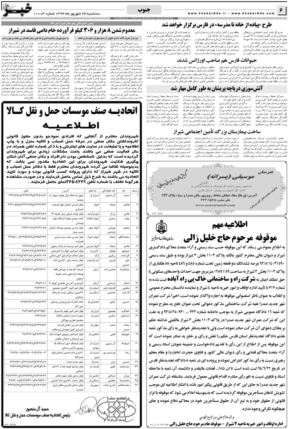 مشاهده صفحه ۶ روزنامه خبرجنوب تاریخ ۲۴  سال ۱۳۹۴