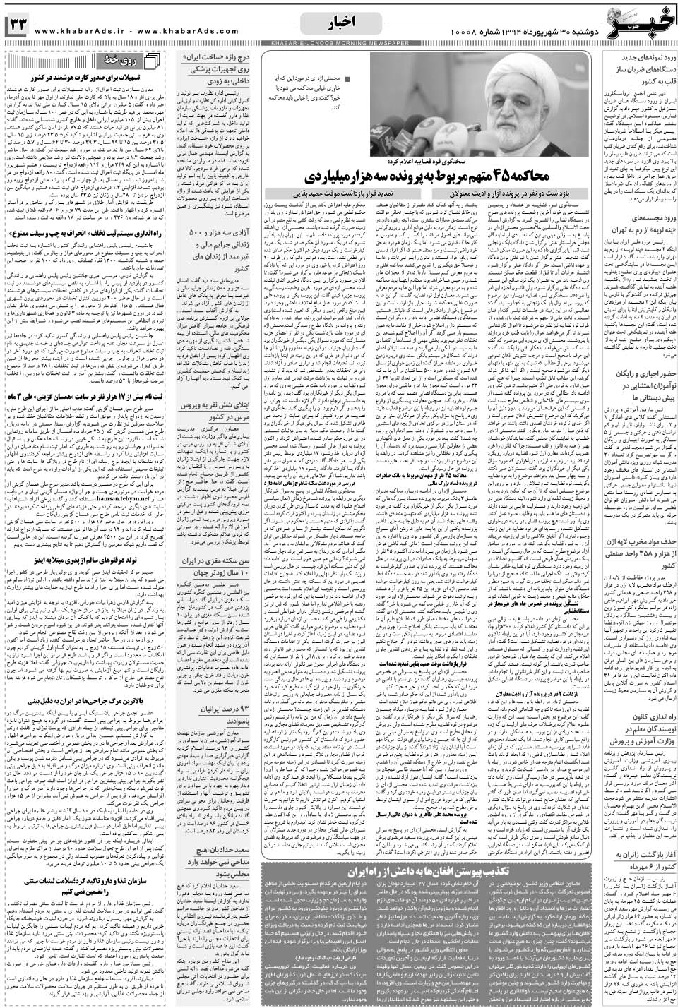 مشاهده صفحه ۳۳ روزنامه خبرجنوب تاریخ ۳۰  سال ۱۳۹۴