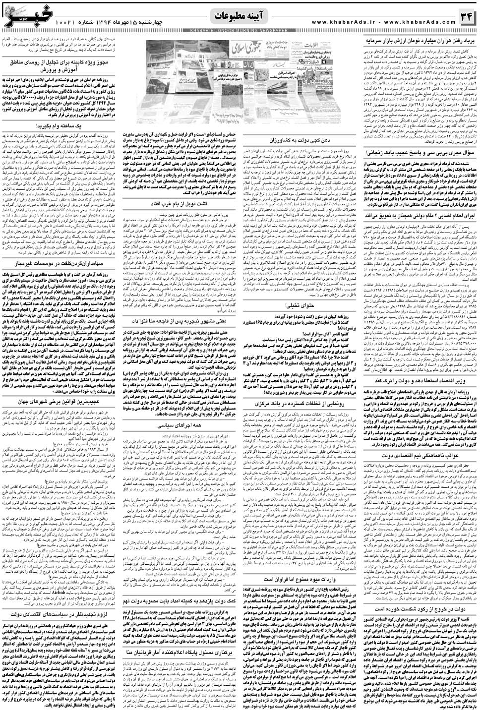 مشاهده صفحه ۳۴ روزنامه خبرجنوب تاریخ ۱۵  سال ۱۳۹۴