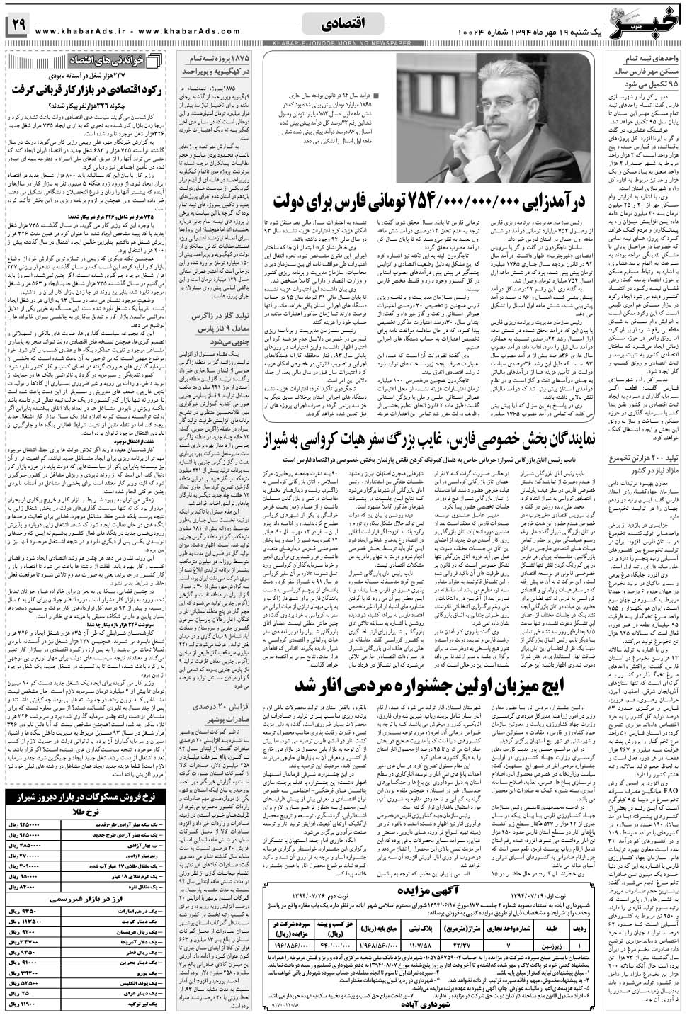 مشاهده صفحه ۲۹ روزنامه خبرجنوب تاریخ ۱۹  سال ۱۳۹۴