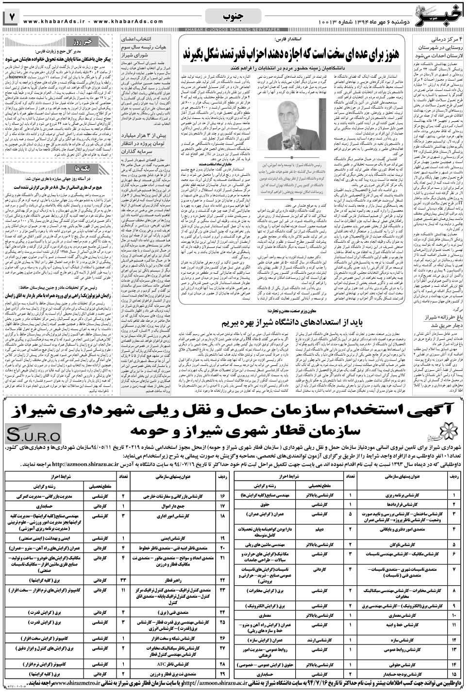 مشاهده صفحه ۷ روزنامه خبرجنوب تاریخ ۶  سال ۱۳۹۴