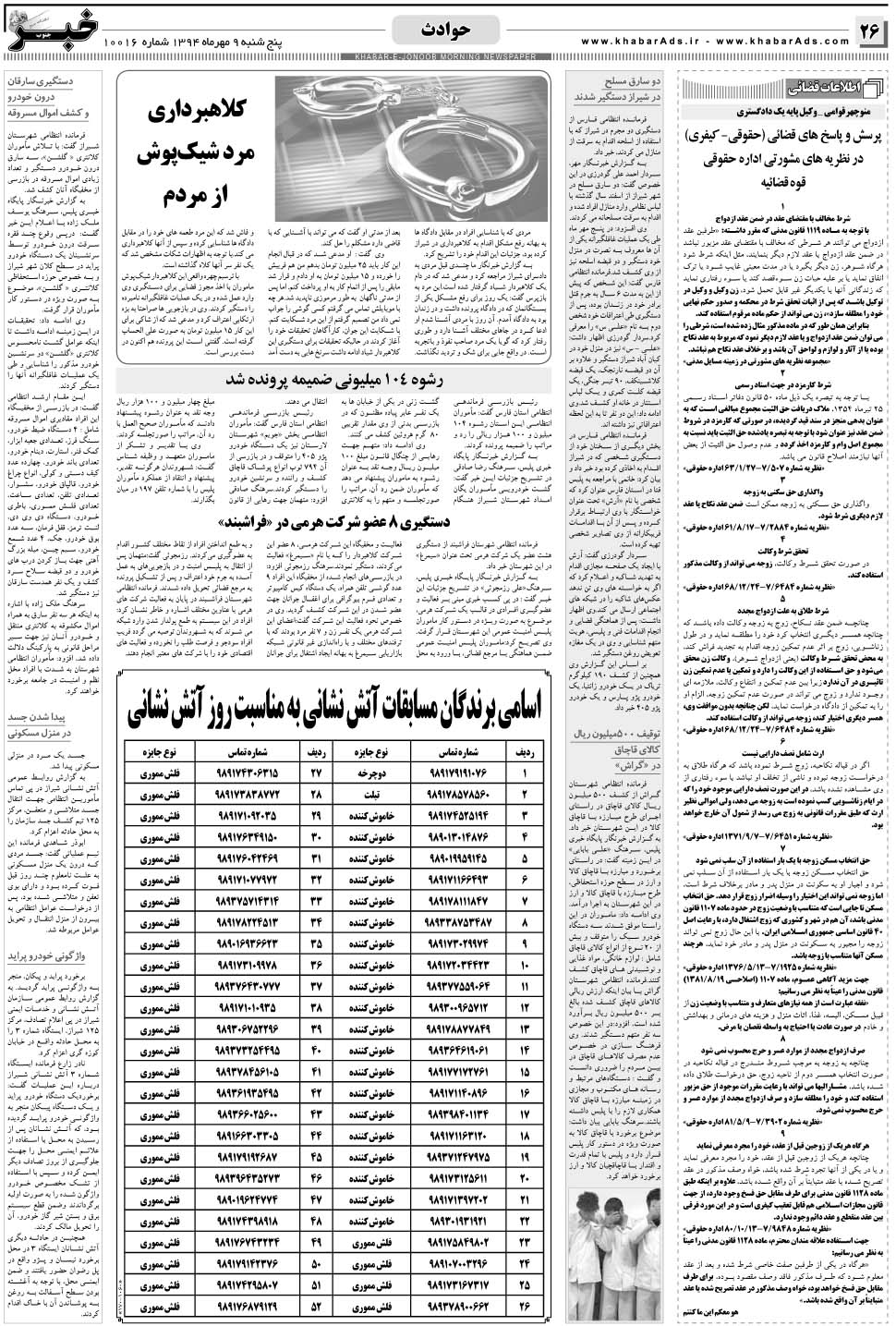 مشاهده صفحه ۲۶ روزنامه خبرجنوب تاریخ ۹  سال ۱۳۹۴