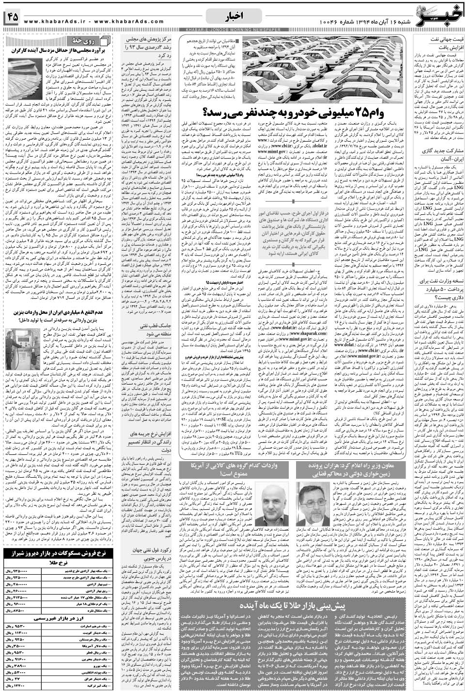 مشاهده صفحه ۴۵ روزنامه خبرجنوب تاریخ ۱۶  سال ۱۳۹۴