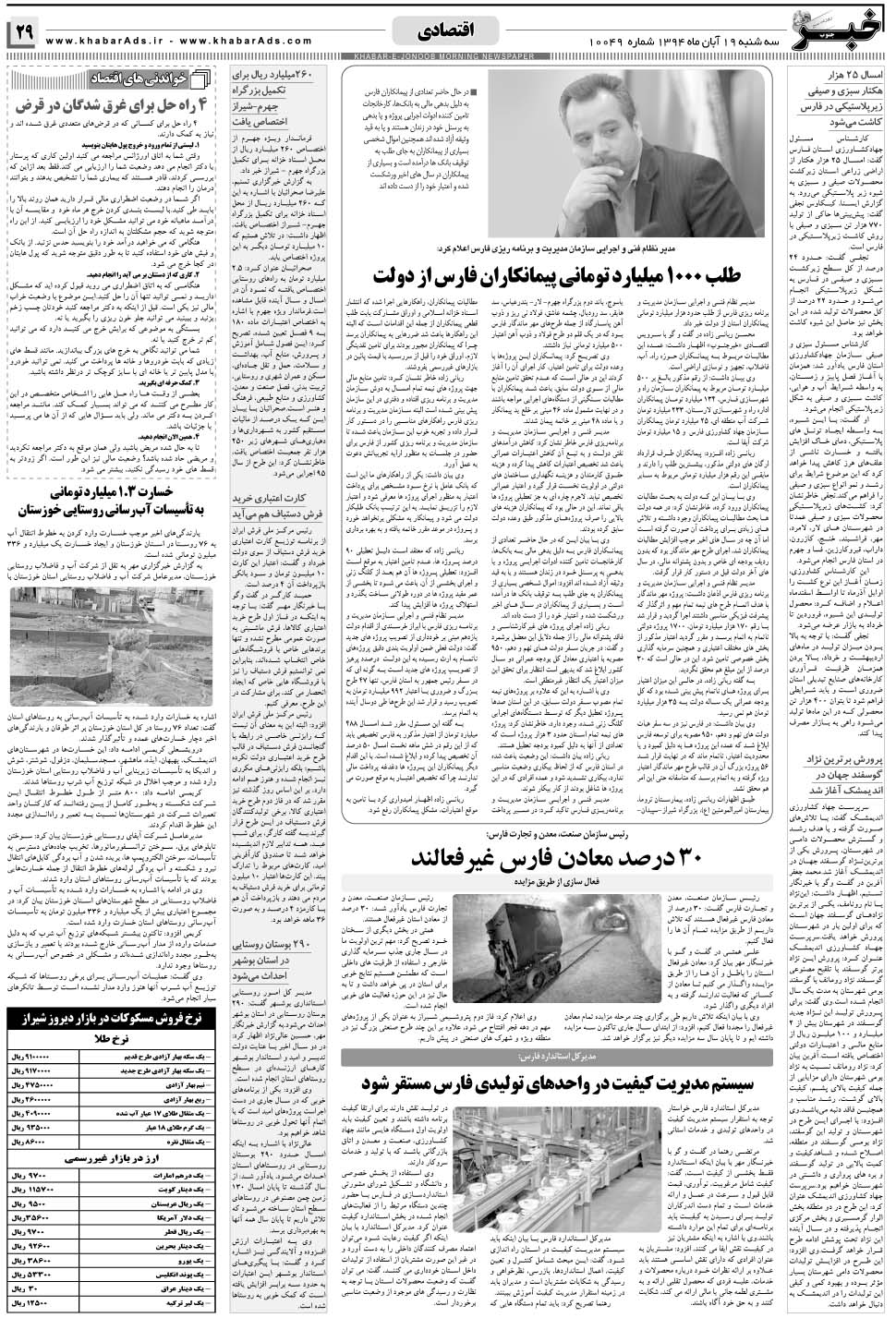 مشاهده صفحه ۲۹ روزنامه خبرجنوب تاریخ ۱۹  سال ۱۳۹۴