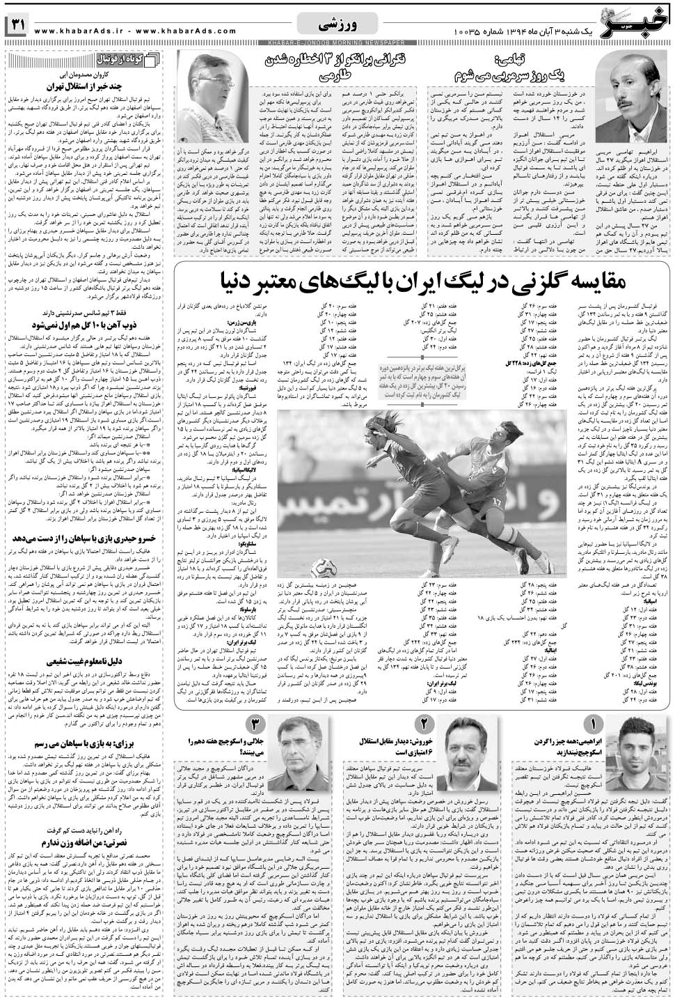 مشاهده صفحه ۳۱ روزنامه خبرجنوب تاریخ ۳  سال ۱۳۹۴