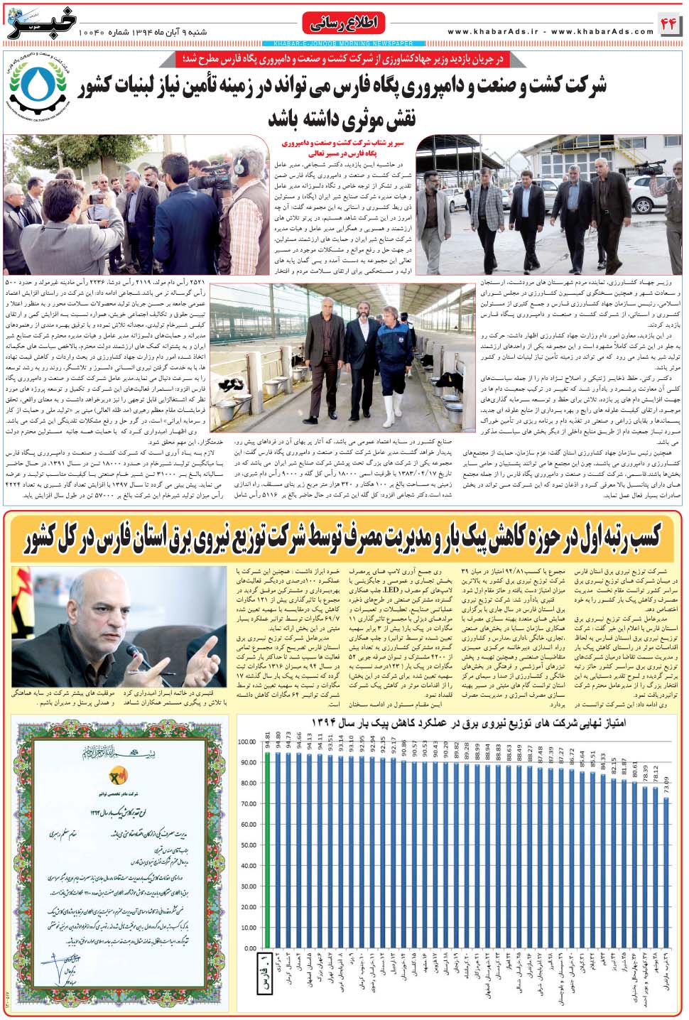 مشاهده صفحه ۴۴ روزنامه خبرجنوب تاریخ ۹  سال ۱۳۹۴