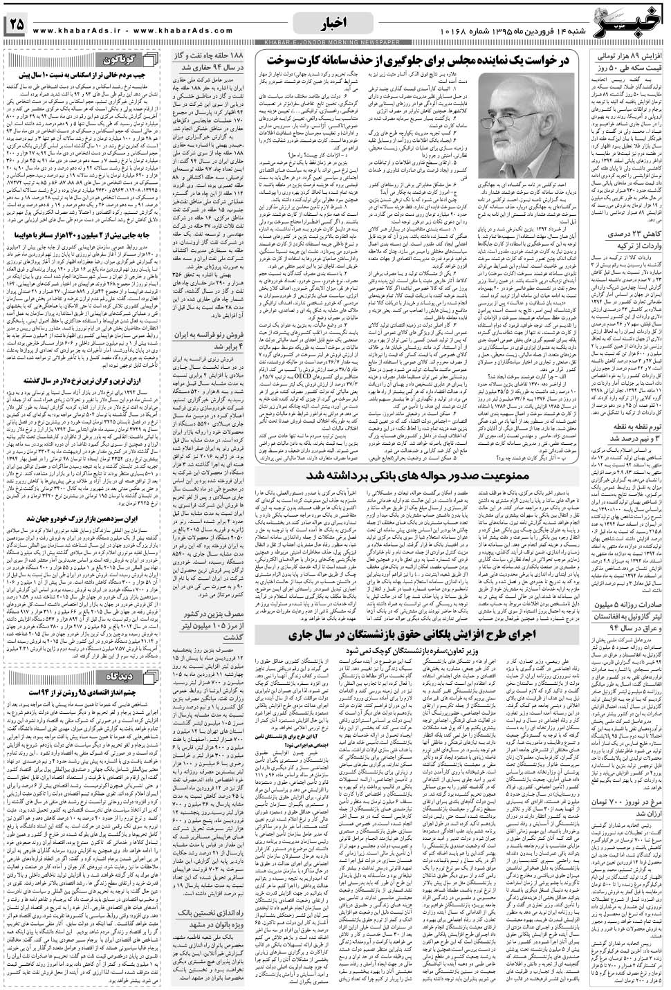 مشاهده صفحه ۲۵ روزنامه خبرجنوب تاریخ ۱۴  سال ۱۳۹۵