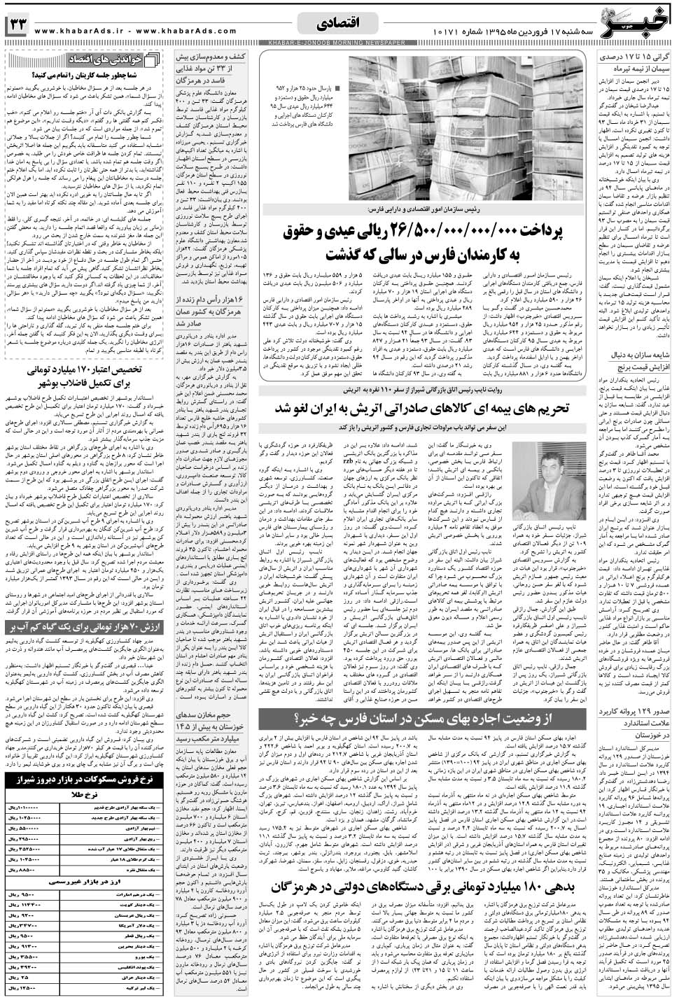 مشاهده صفحه ۳۳ روزنامه خبرجنوب تاریخ ۱۷  سال ۱۳۹۵