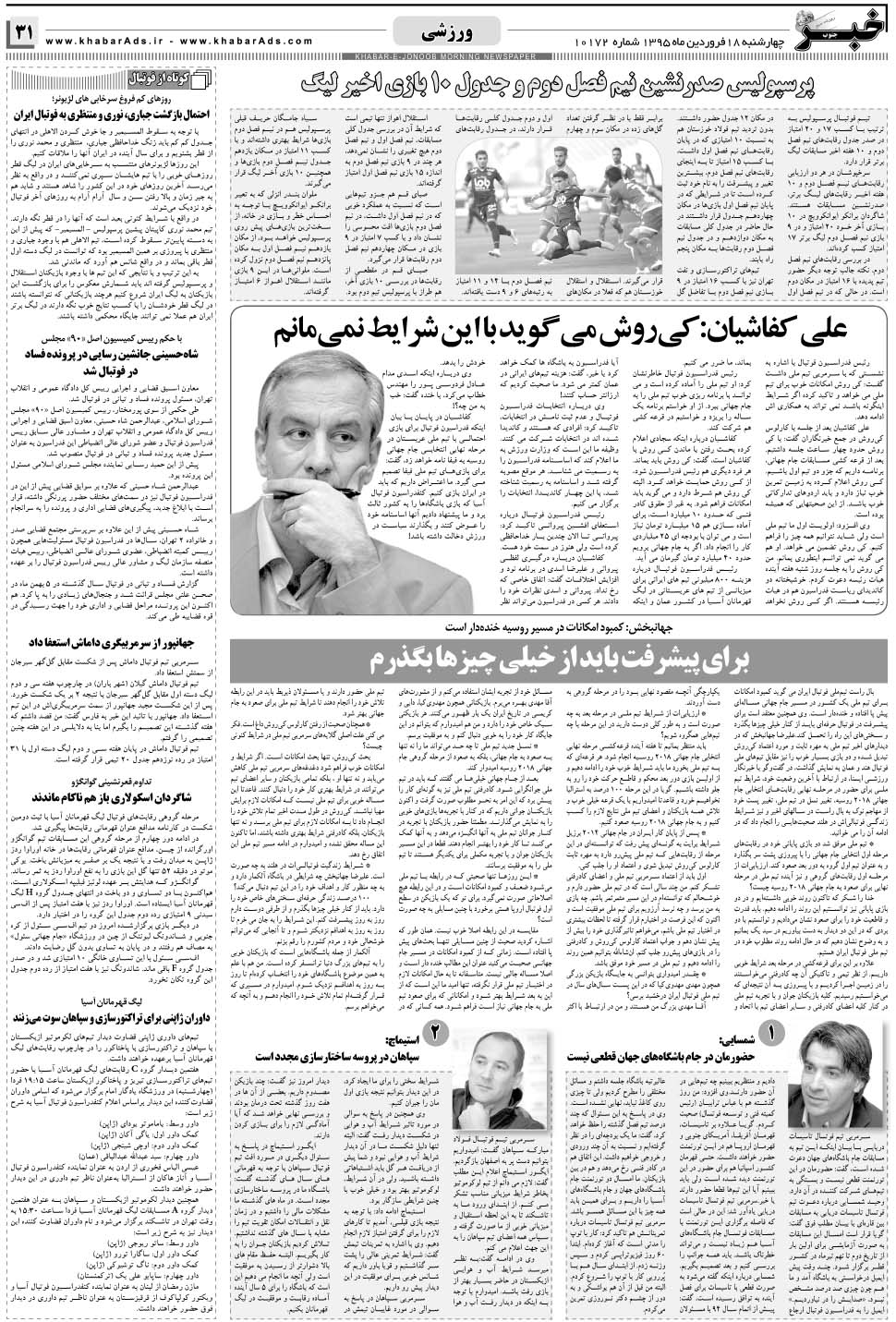 مشاهده صفحه ۳۱ روزنامه خبرجنوب تاریخ ۱۸  سال ۱۳۹۵