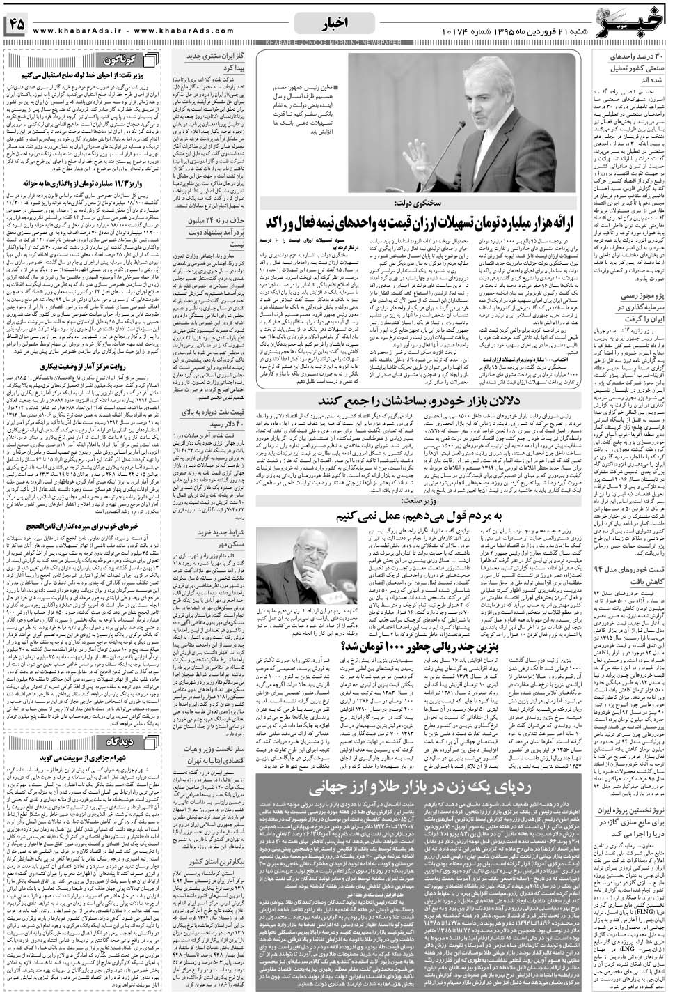 مشاهده صفحه ۴۵ روزنامه خبرجنوب تاریخ ۲۱  سال ۱۳۹۵